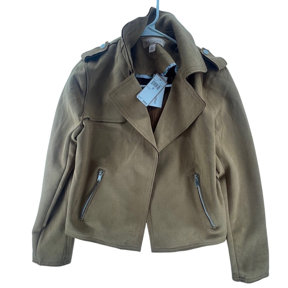 NWT‎ Philosophy Suede Moto Jacket Tan Brown Zip Up Biker Coat Small
